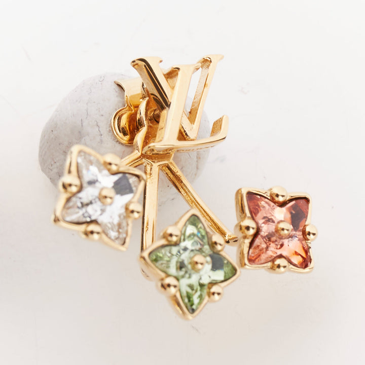 LOUIS VUITTON Loulougram gold tone green pink floral crystal pin earring Pair