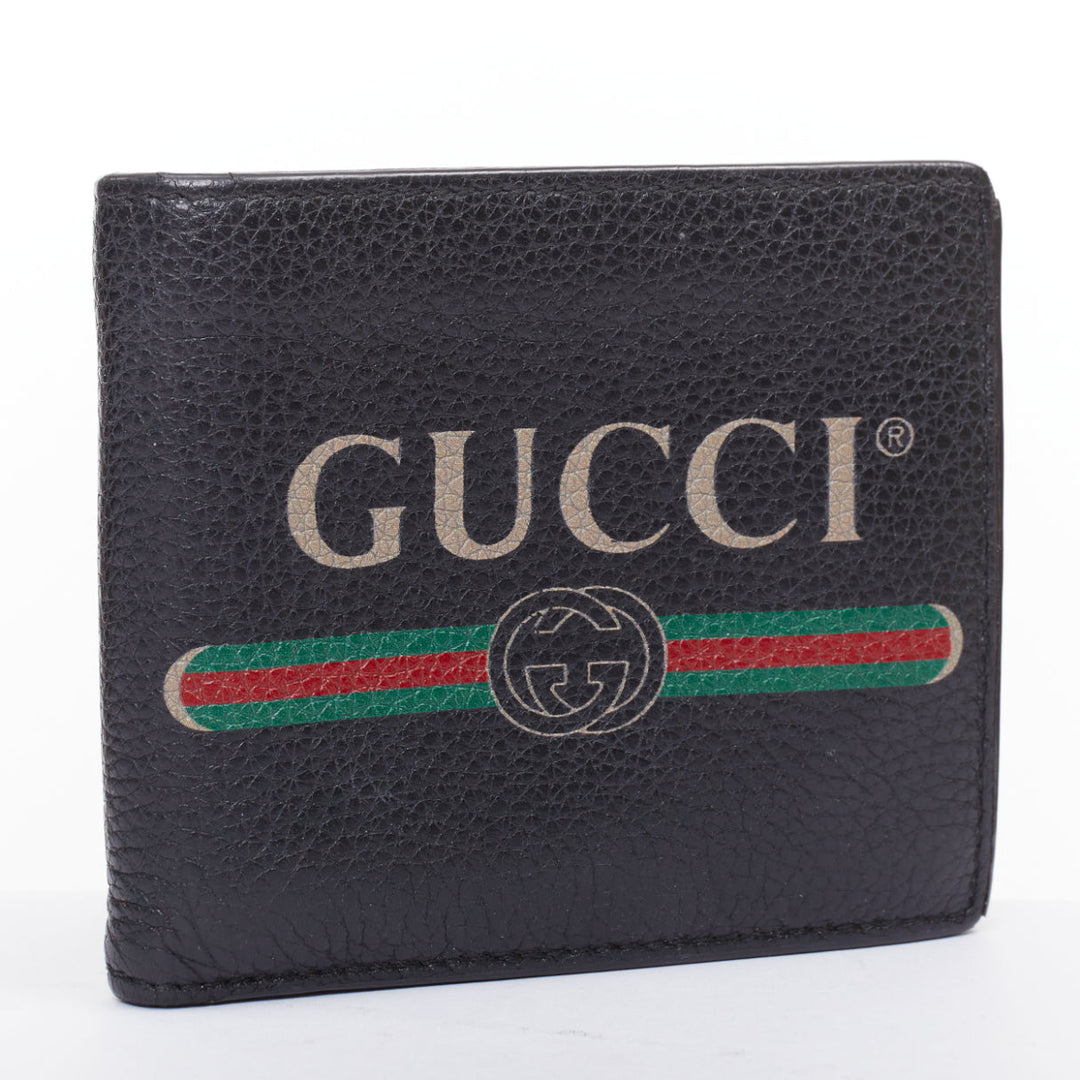 GUCCI black grained leather vintage logo bifold wallet
