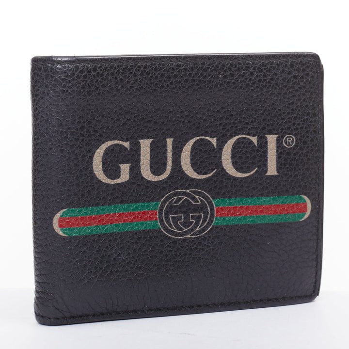 GUCCI black grained leather vintage logo bifold wallet