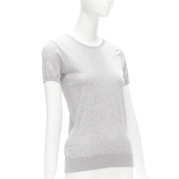 CHANEL grey 100% cotton CC logo short sleeve knitted top FR36 S