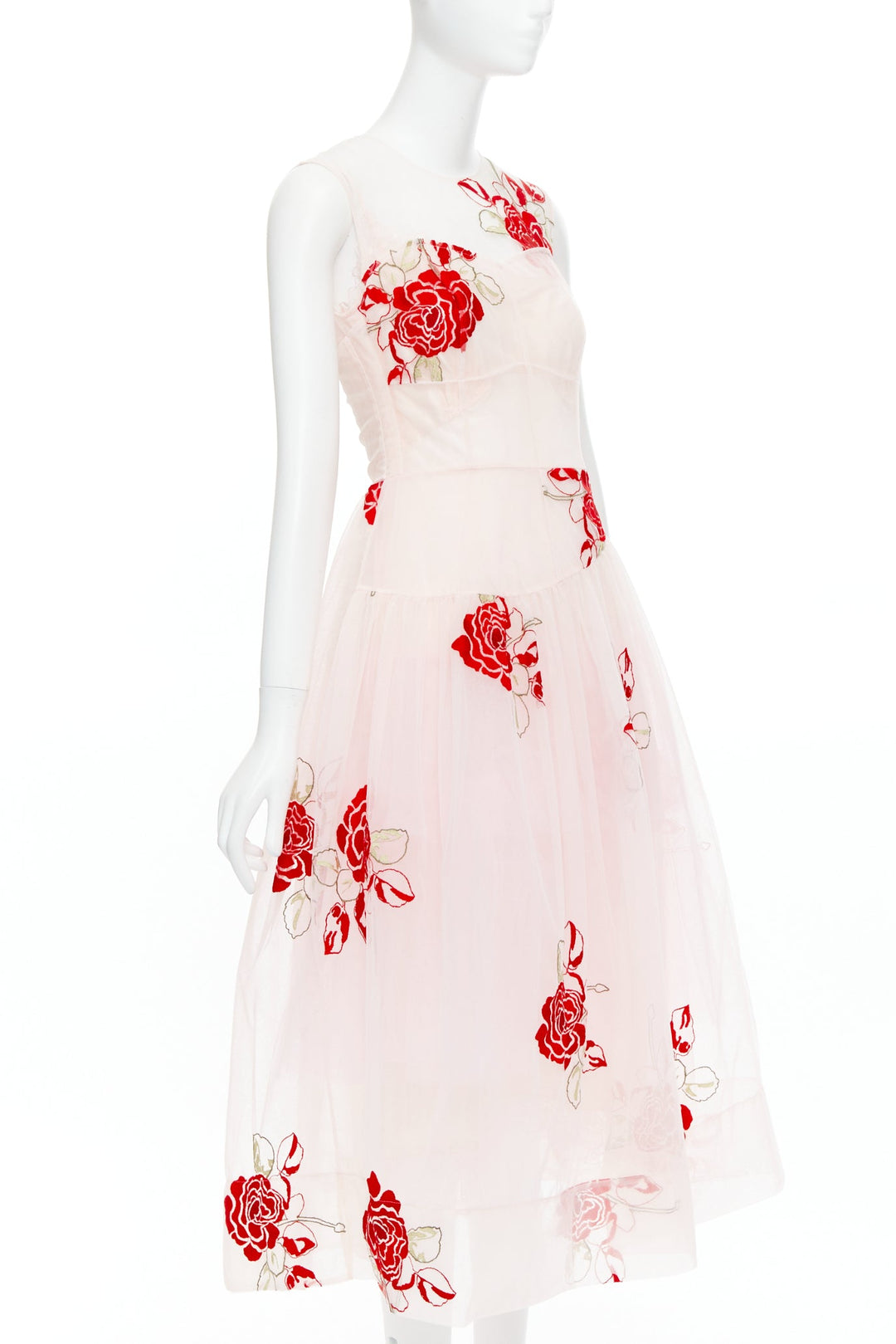 SIMONE ROCHA 2020 Runway  pink red rose floral embroidery tulle dress UK8 S