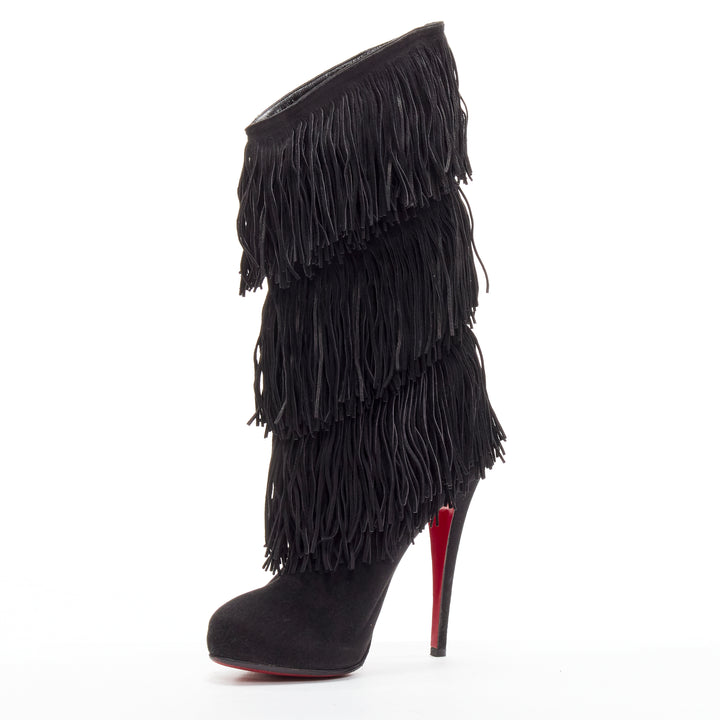 CHRISTIAN LOUBOUTIN Forever Tina 130 black suede fringe platform boots EU37.5