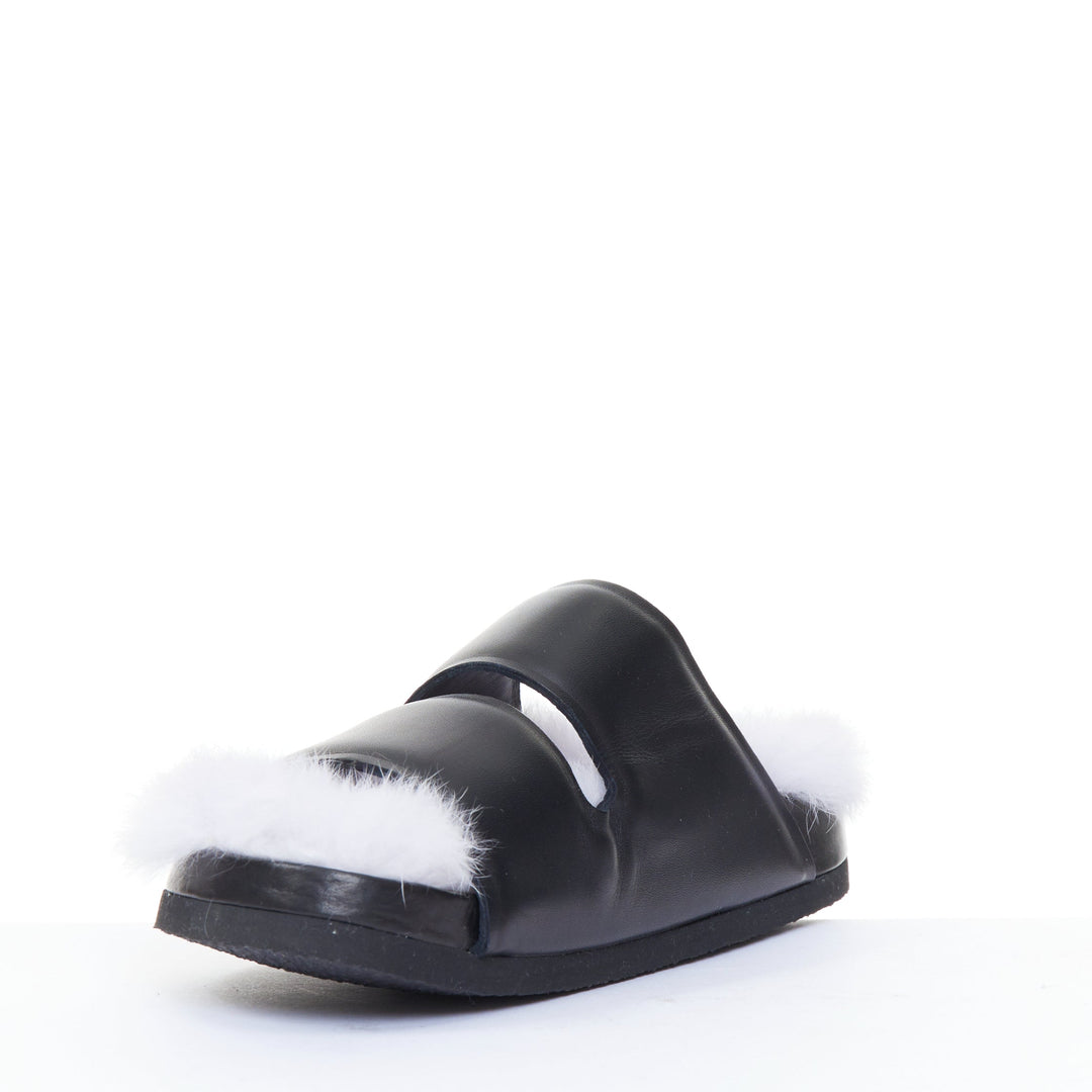CELINE 2013 Phoebe Philo Runway black leather lilac shearling slide sandals EU37