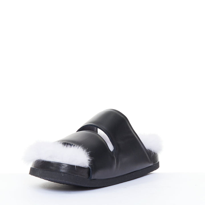 CELINE 2013 Phoebe Philo Runway black leather lilac shearling slide sandals EU37