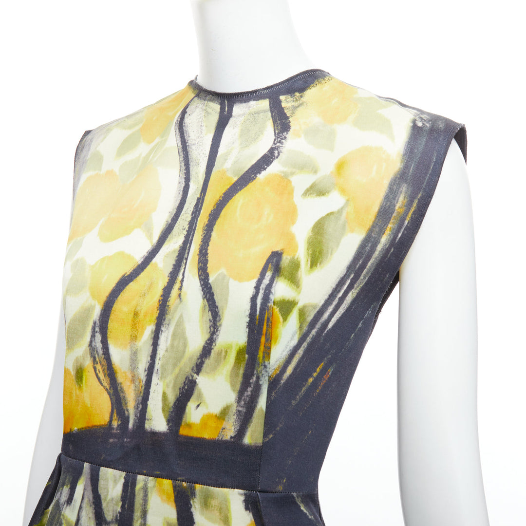 LANVIN Les 10 Ans yellow black cotton silk floral print dress FR36 S Emma Stone