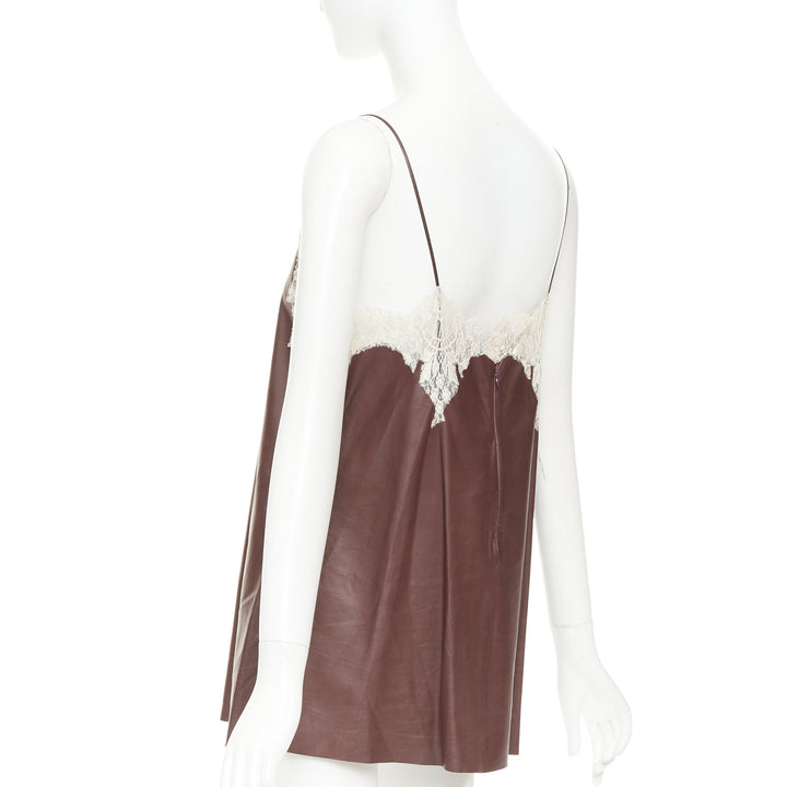 DIOR 2016 Raf Simons brown lambskin leather lace trim micro slip dress FR36 S