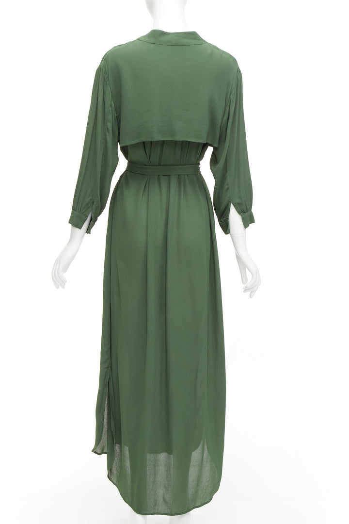 WIGGY KIT forest green viscose V-neck dropped shoulder belted midi dress S