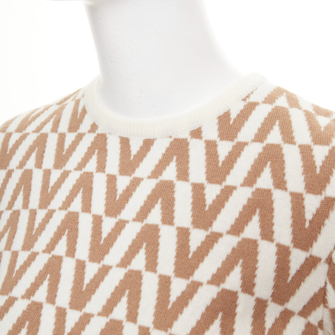 VALENTINO beige brown virgin wool cashmere V monogram knit pullover sweater S