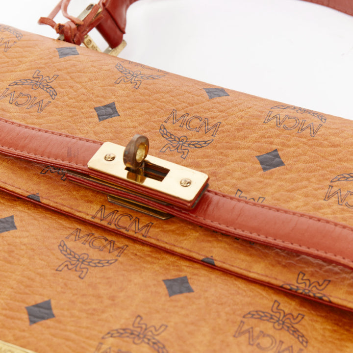 MCM Vintage Kelly cognac brown Visetos monogram GHW turnlock top handle handbag