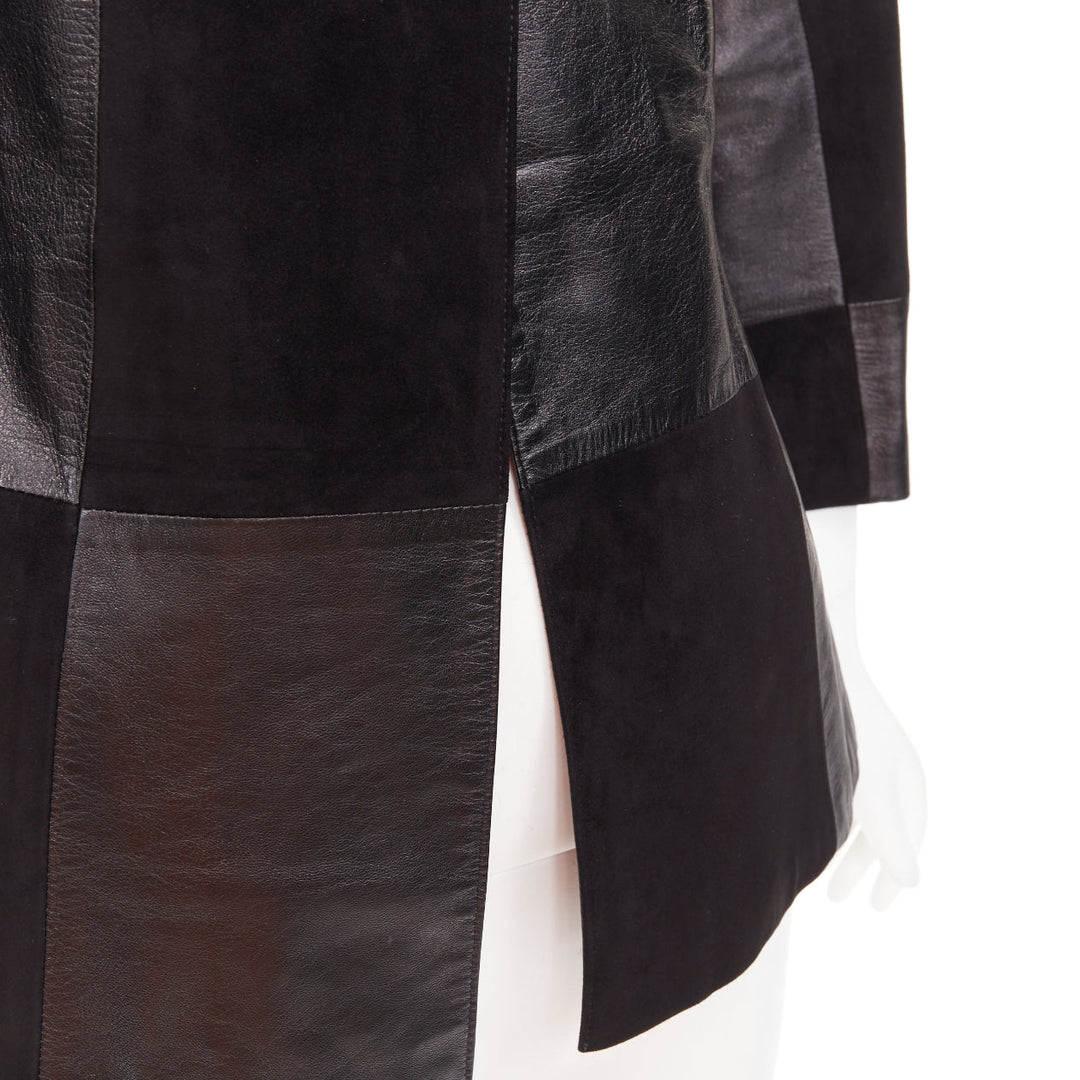 CHANEL Vintage black leather suede checkered patchwork CC blazer jacket