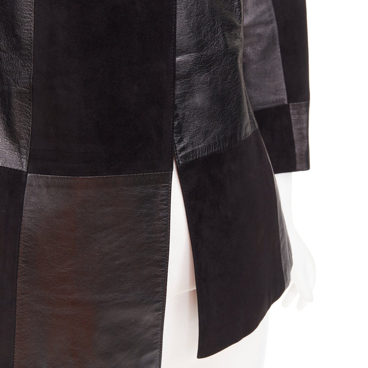 CHANEL Vintage black leather suede checkered patchwork CC blazer jacket