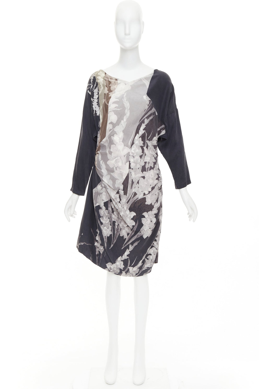 DRIES VAN NOTEN 2009 Vintage silk floral print asymmetric drape dress FR38 M