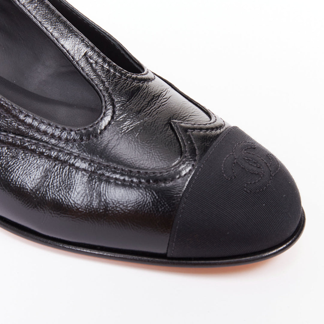 CHANEL 2023 black leather grosgrain CC cap toe T-Strap mary jane flats EU39.5