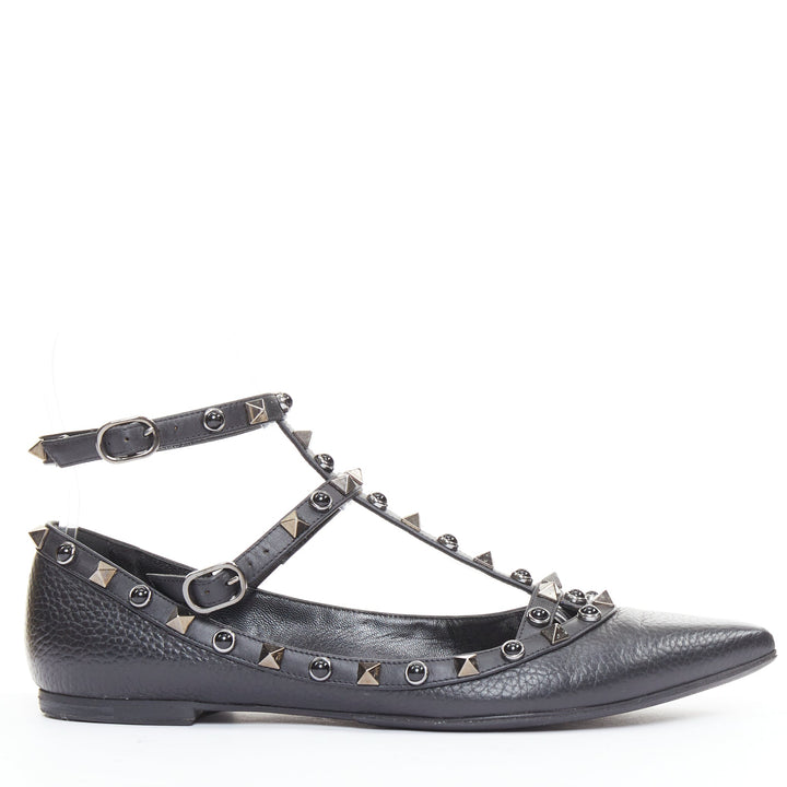VALENTINO Rockstud black calf mixed stone stud caged ballet flats EU37.5