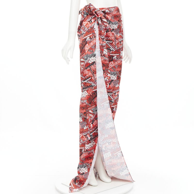 BALENCIAGA Demna 2019 Runway red logo print wrap tie maxi skirt FR38 M