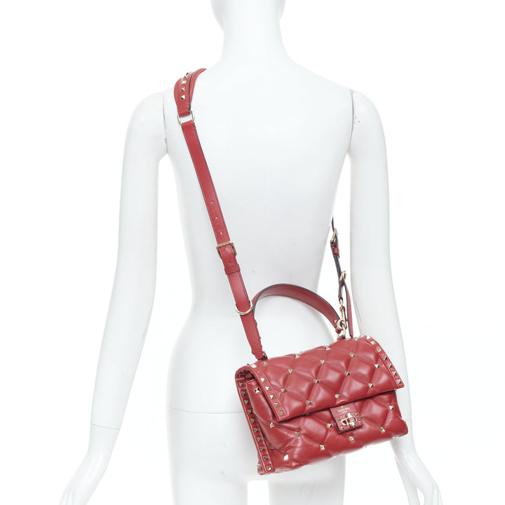 VALENTINO runway Candystud Rosso red quilted lambskin leather top handle bag