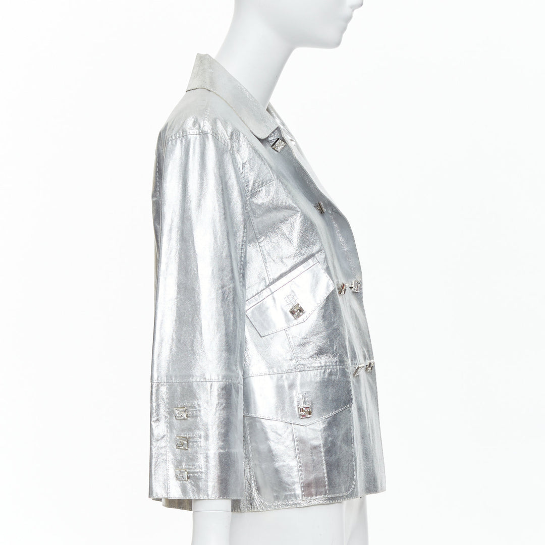 LOUIS VUITTON Marc Jacobs metallic silver leather crystal button jacket FR36 S