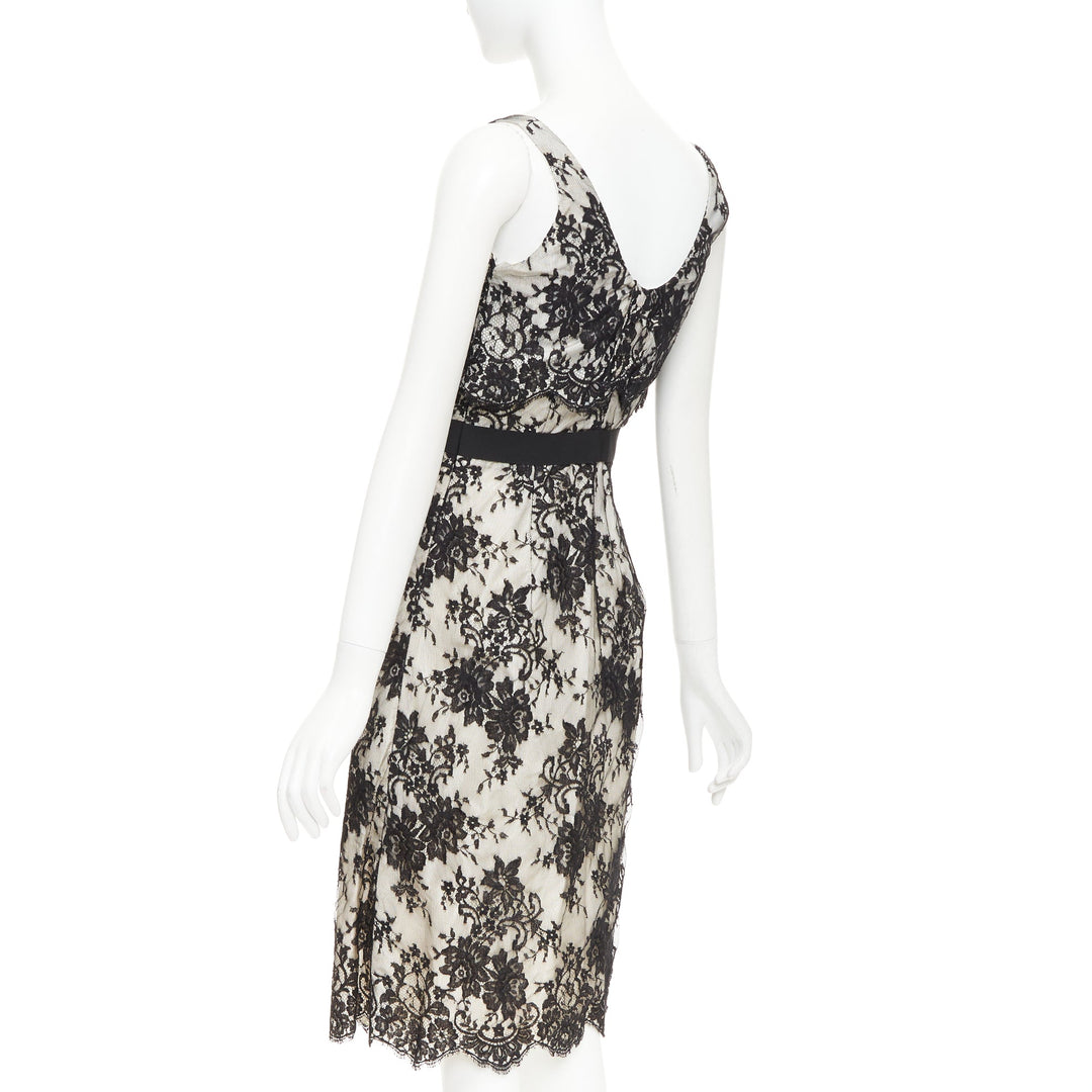 CHRISTIAN DIOR Vintage black floral lace pearl silk grosgrain bow dress FR36 S