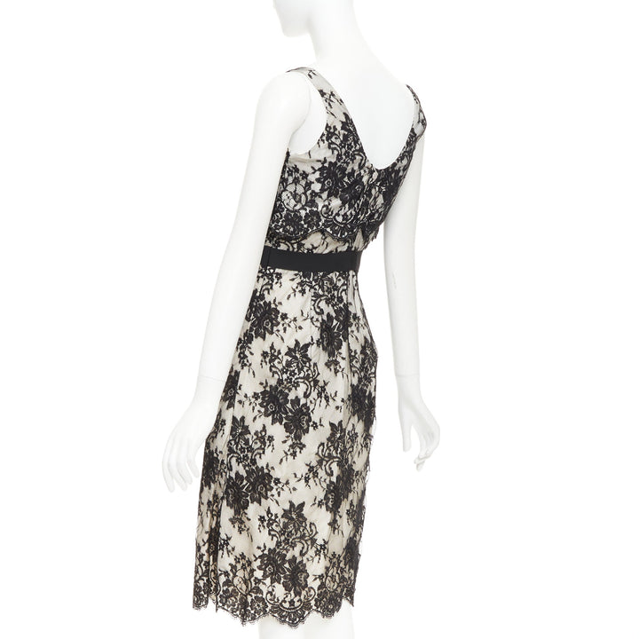 CHRISTIAN DIOR Vintage black floral lace pearl silk grosgrain bow dress FR36 S