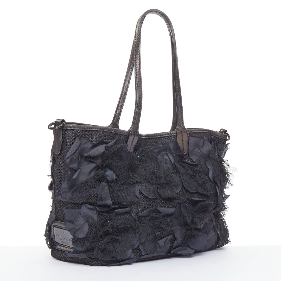 VALENTINO black fabric mesh floral lace applique leather trim crossbody tote bag