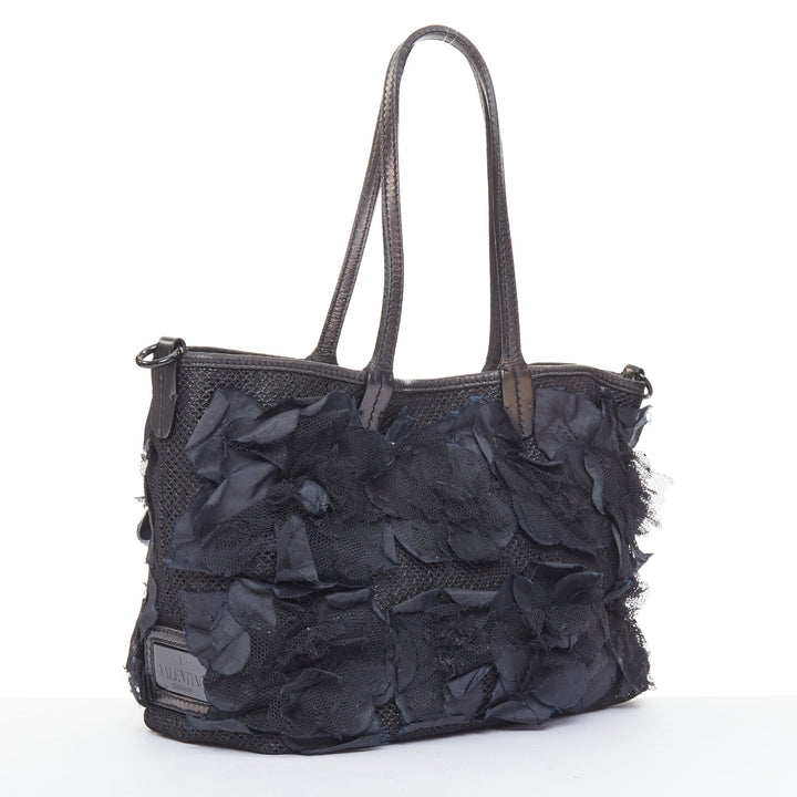 VALENTINO black fabric mesh floral lace applique leather trim crossbody tote bag