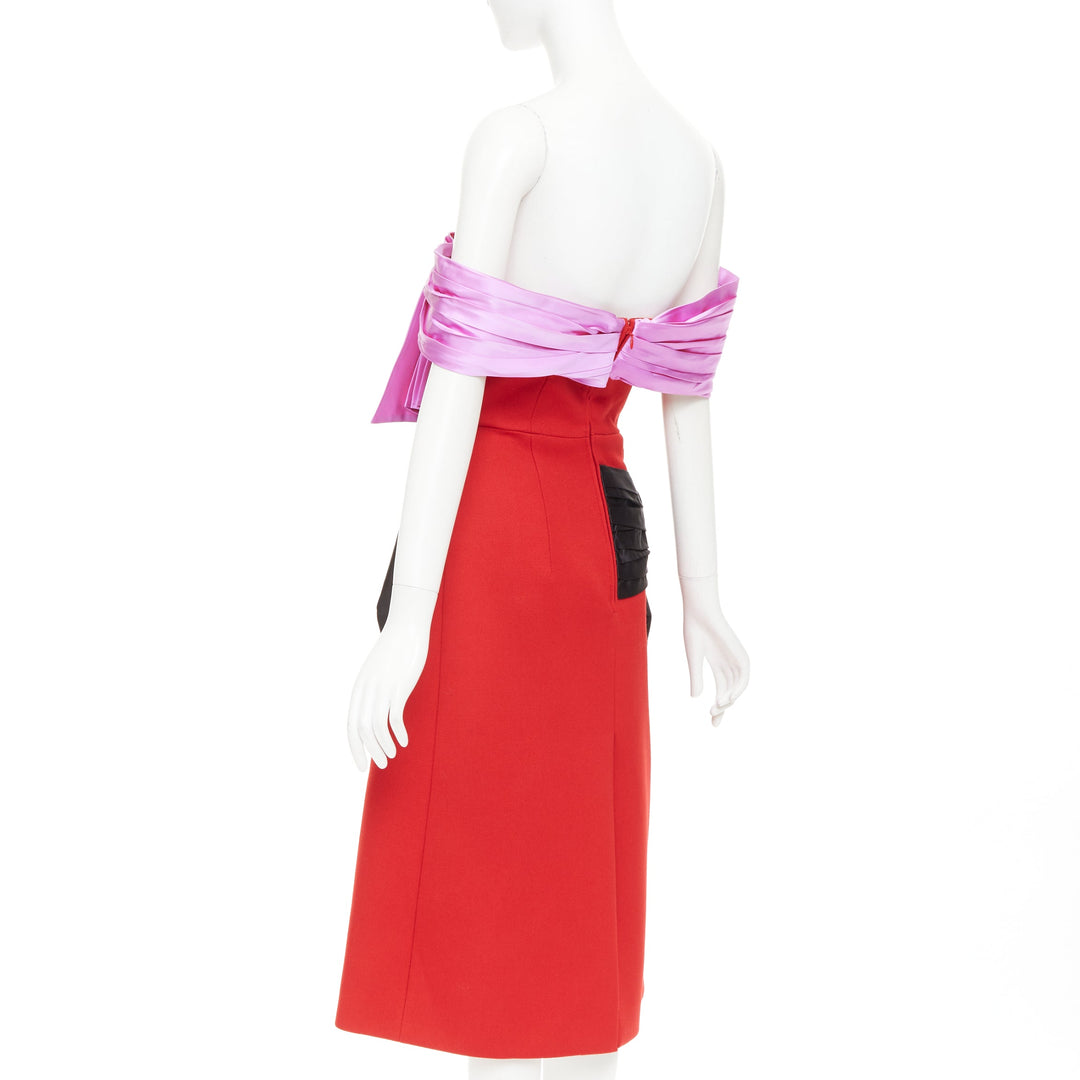 PRADA 2018 red pink black virgin wool satin sash bustier dress IT38 XS