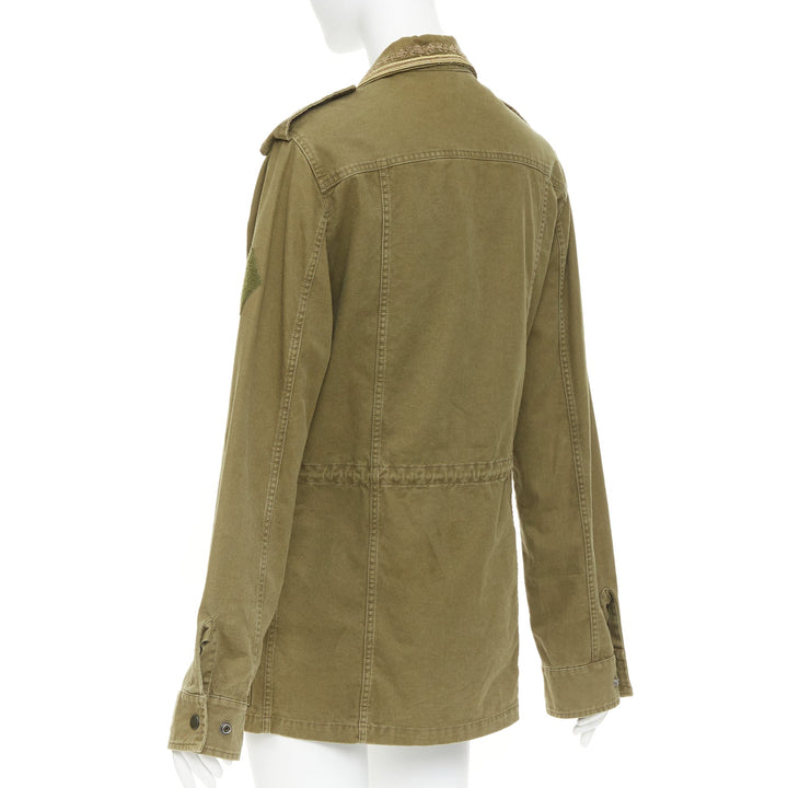 SAINT LAURENT 2018 Saharienne green gold embroidered trim military jacket FR44 L