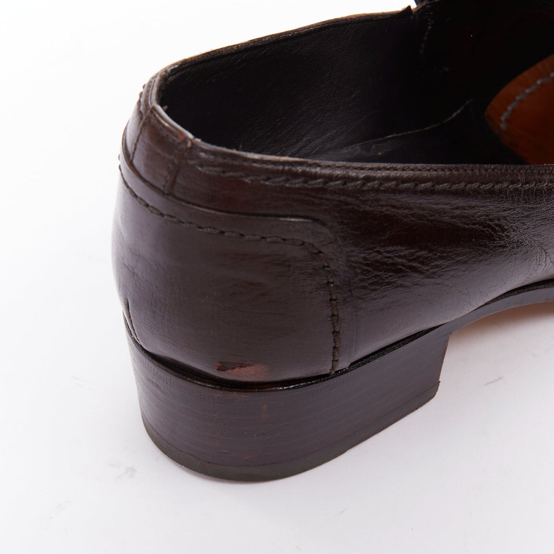 YVES SAINT LAURENT dark brown leather Y overstitch square toe loafers UK7 EU41