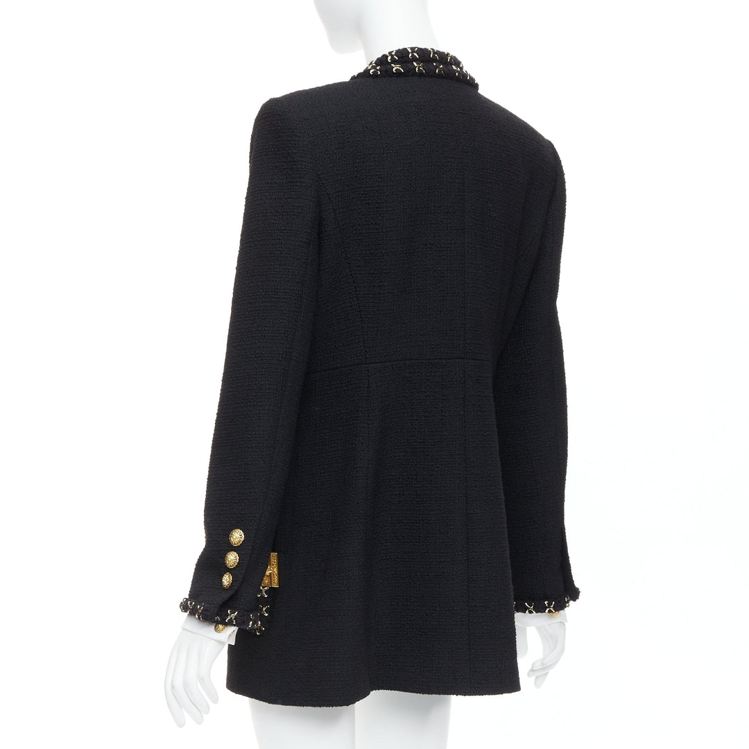 CHANEL 17A black tweed gold crosshatch braided Lionheart button long coat FR44