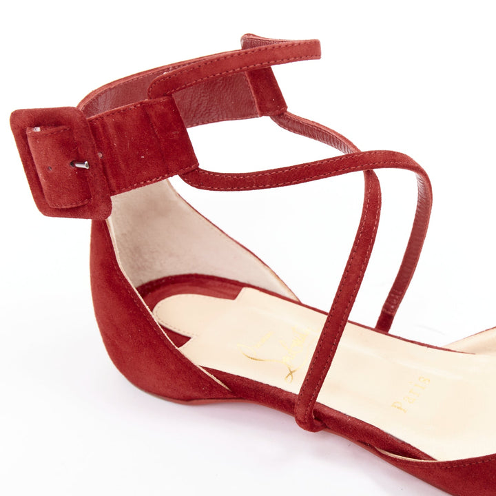 CHRISTIAN LOUBOUTIN Suzanna Flat Veau Velours Carmin red suede pointy flats EU