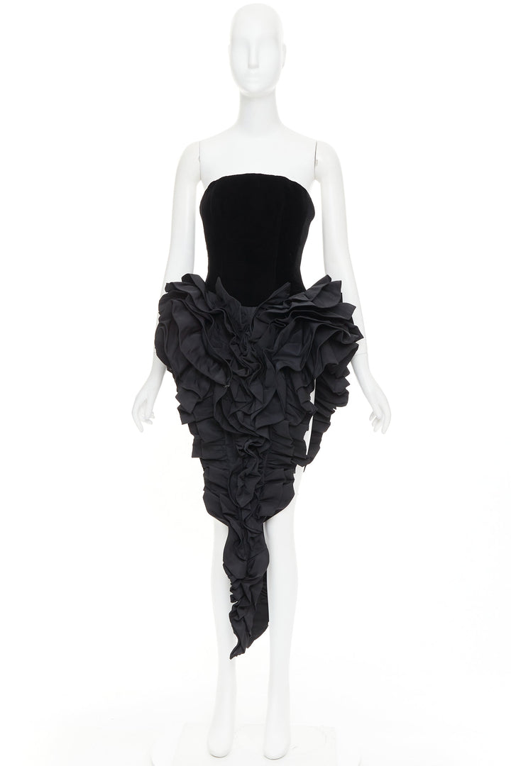 rare ALEXANDRE VAUTHIER COUTURE black velvet taffeta ruffle slit bodysuit dress