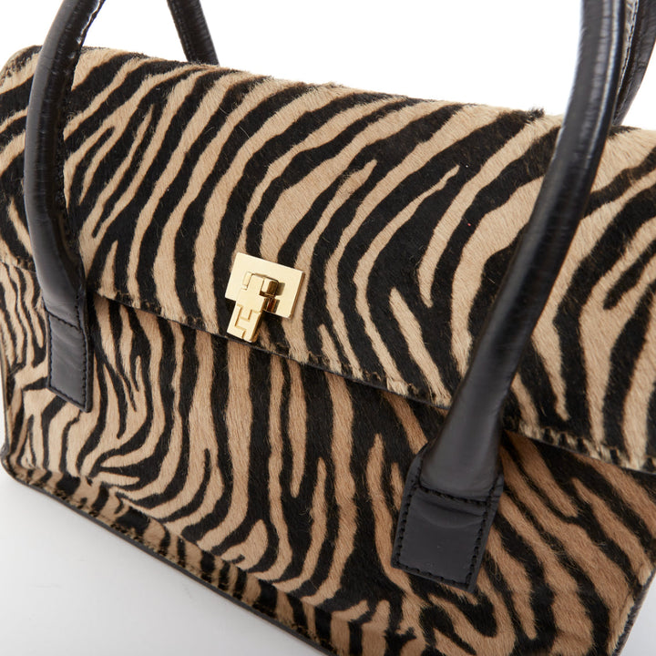 LAMBERTSON TRUEX 2004 zebra print calf hair black leather flap top handle bag