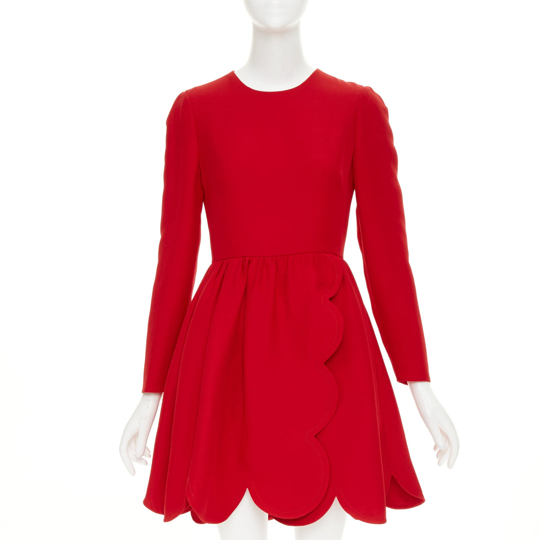 VALENTINO red silk wool crepe scalloped skirt detail flared dress IT40 S