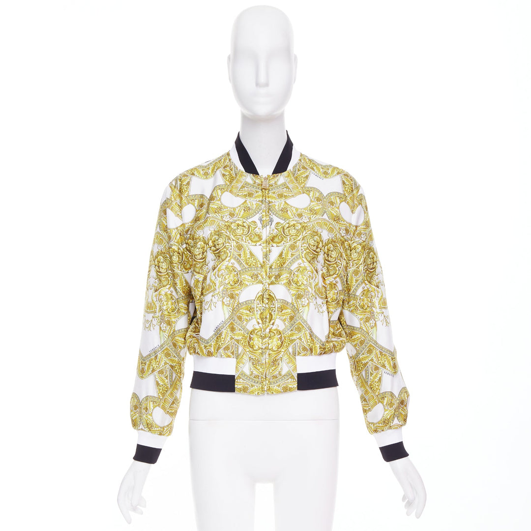 VERSACE 100% silk white gold Barocco chain print cropped bomber IT40 S