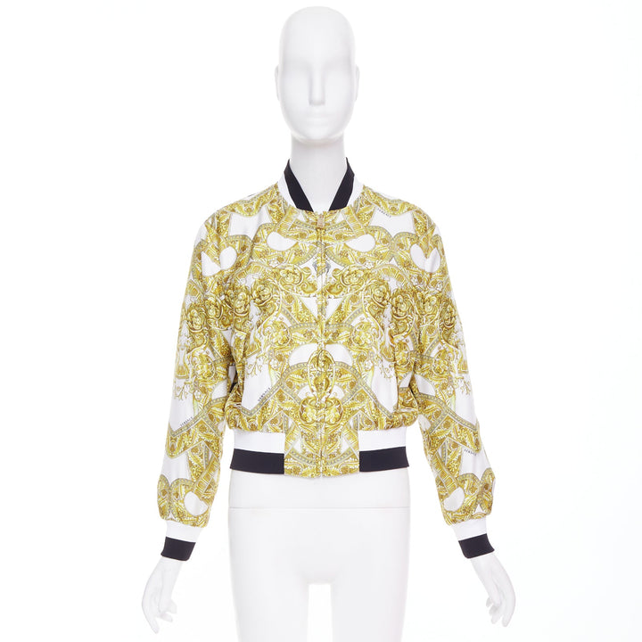 VERSACE 100% silk white gold Barocco chain print cropped bomber IT40 S