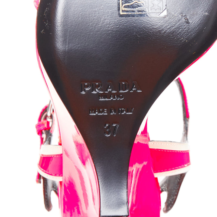 rare PRADA 2018 Flame Wedge neon pink patent Fire heel sandal EU37