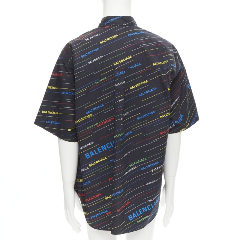 BALENCIAGA black multicolor logo monogram stipe print boxy shirt EU40 M