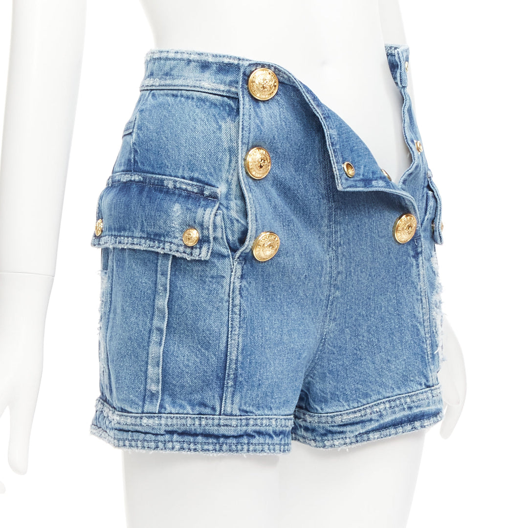 BALMAIN blue distressed denim gold buttons high waisted cargo shorts FR34 XS