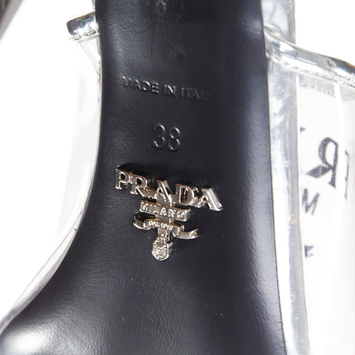 PRADA Plexiglass logo print clear PVC triangle toe mule heels EU38