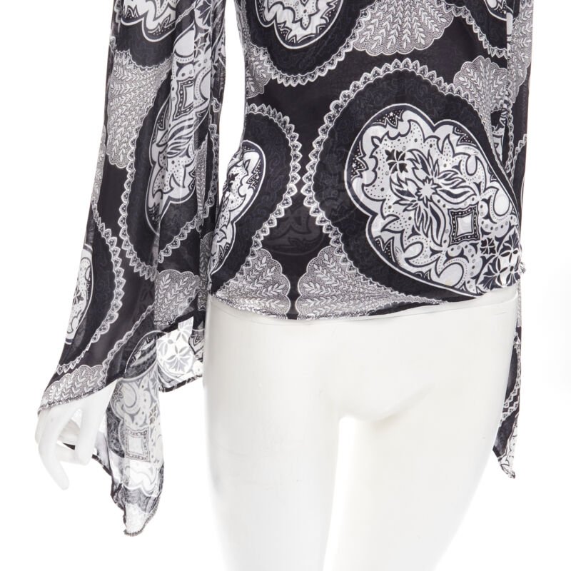 GUCCI Black white paisley print bohemian kimono sleeve blouse XS