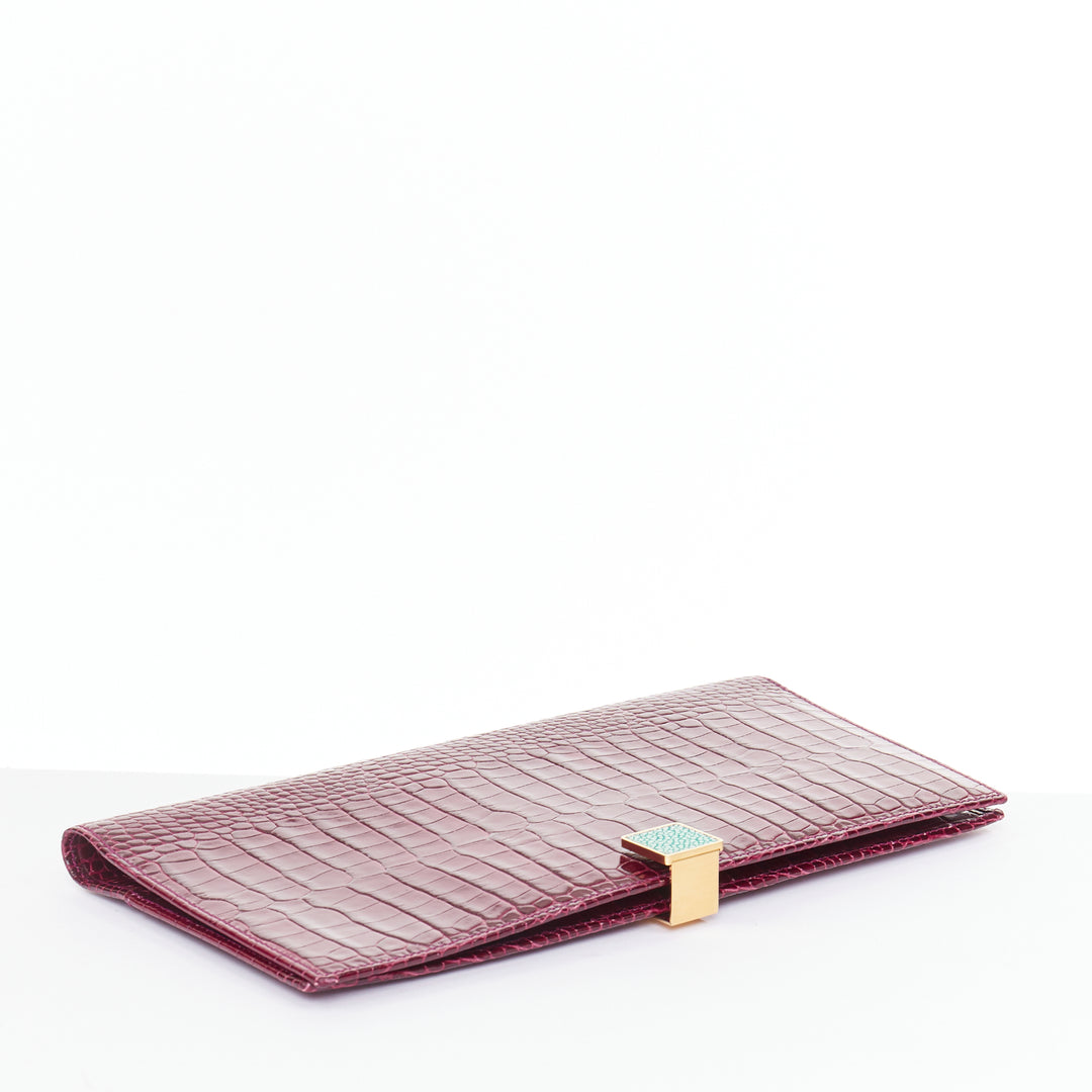 SMYTHSON Mara burgundy croc embossed high gloss teal clasp passport cover