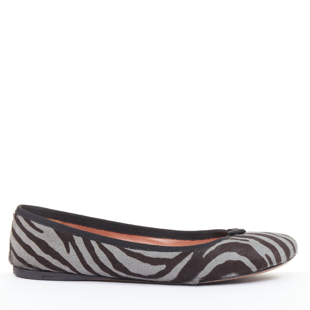 ALAIA grey black calf hair zebra print black grosgrain bow ballet flats EU37