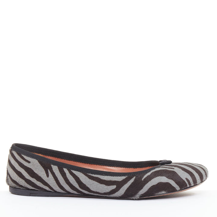 ALAIA grey black calf hair zebra print black grosgrain bow ballet flats EU37