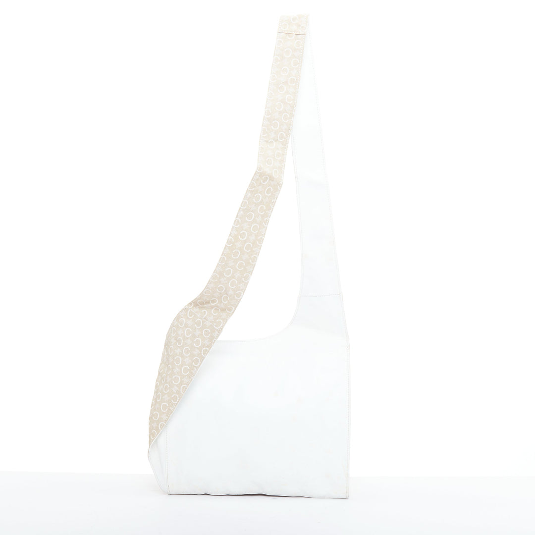 CELINE Vintage beige fabric Triomphe monogram white leather crossbody bag