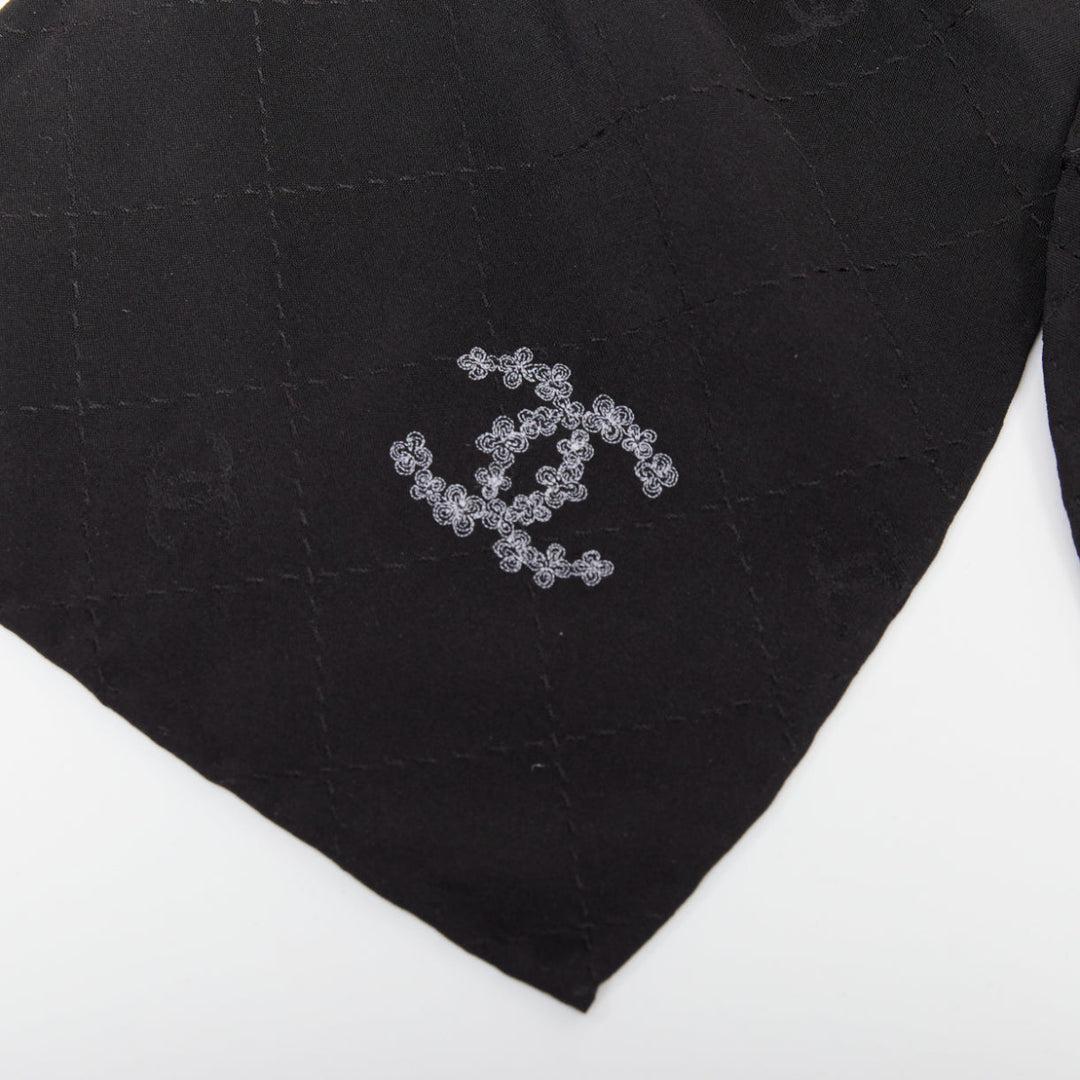 CHANEL black quilted pattern silk bow floral cc logo hair tie scrunchie
