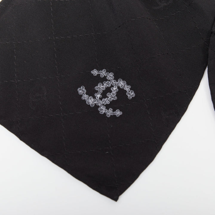 CHANEL black quilted pattern silk bow floral cc logo hair tie scrunchie