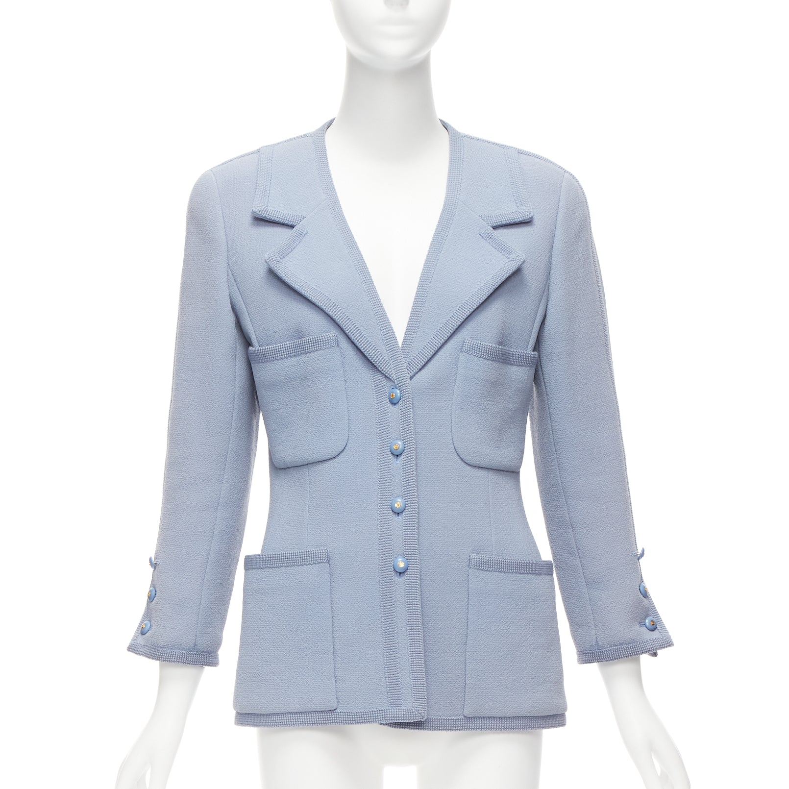 CHANEL 1997 Vintage powder blue 100% wool 4 pocket CC logo jacket 