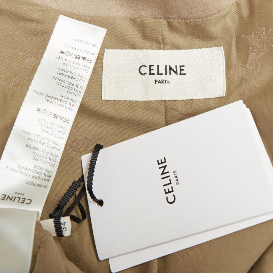 CELINE Teddy ecru cashmere silk brown calfskin leather trim buckled coat FR34 XS