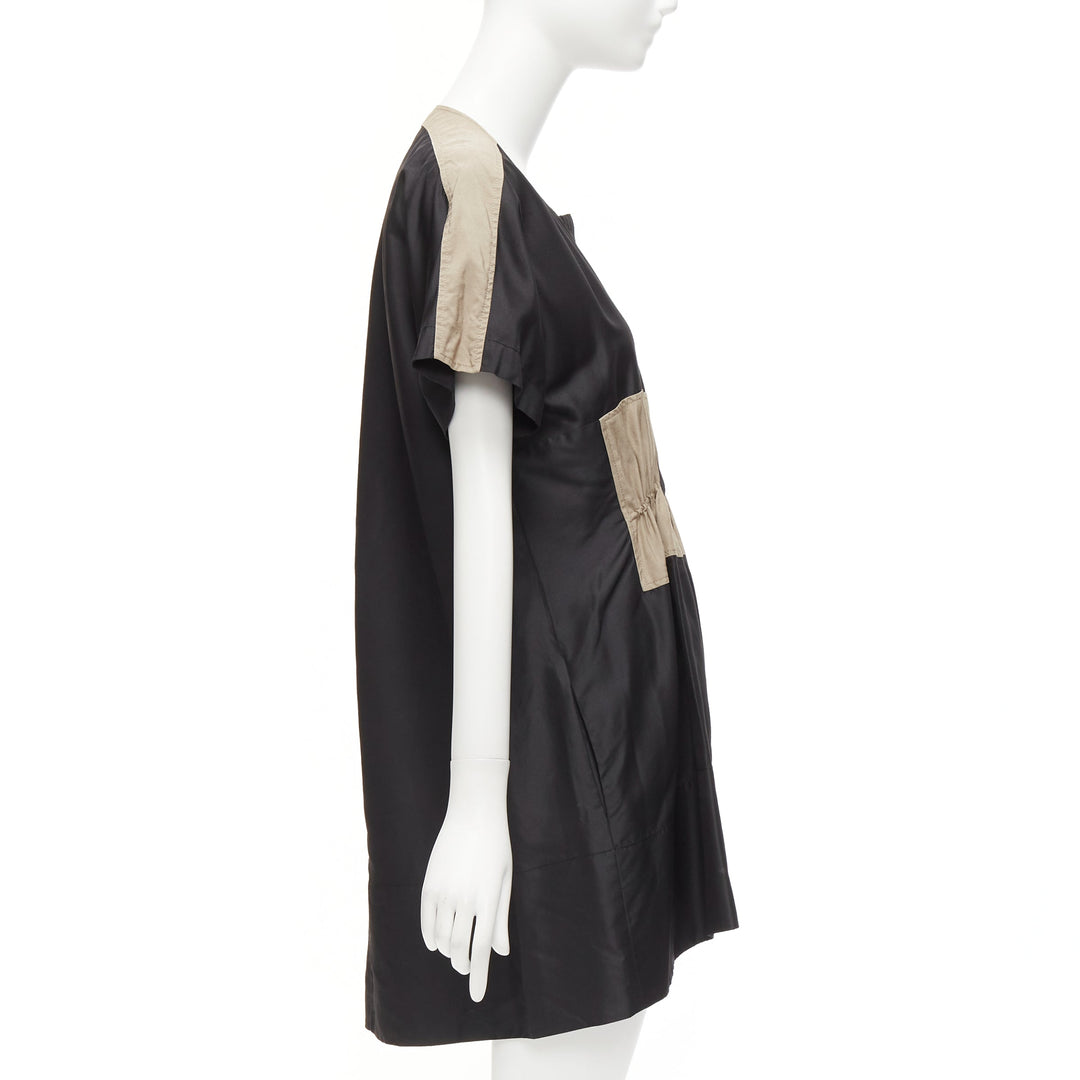 BALENCIAGA 2011 black khaki silk blend colorblock ruched shirt dress FR36 S
