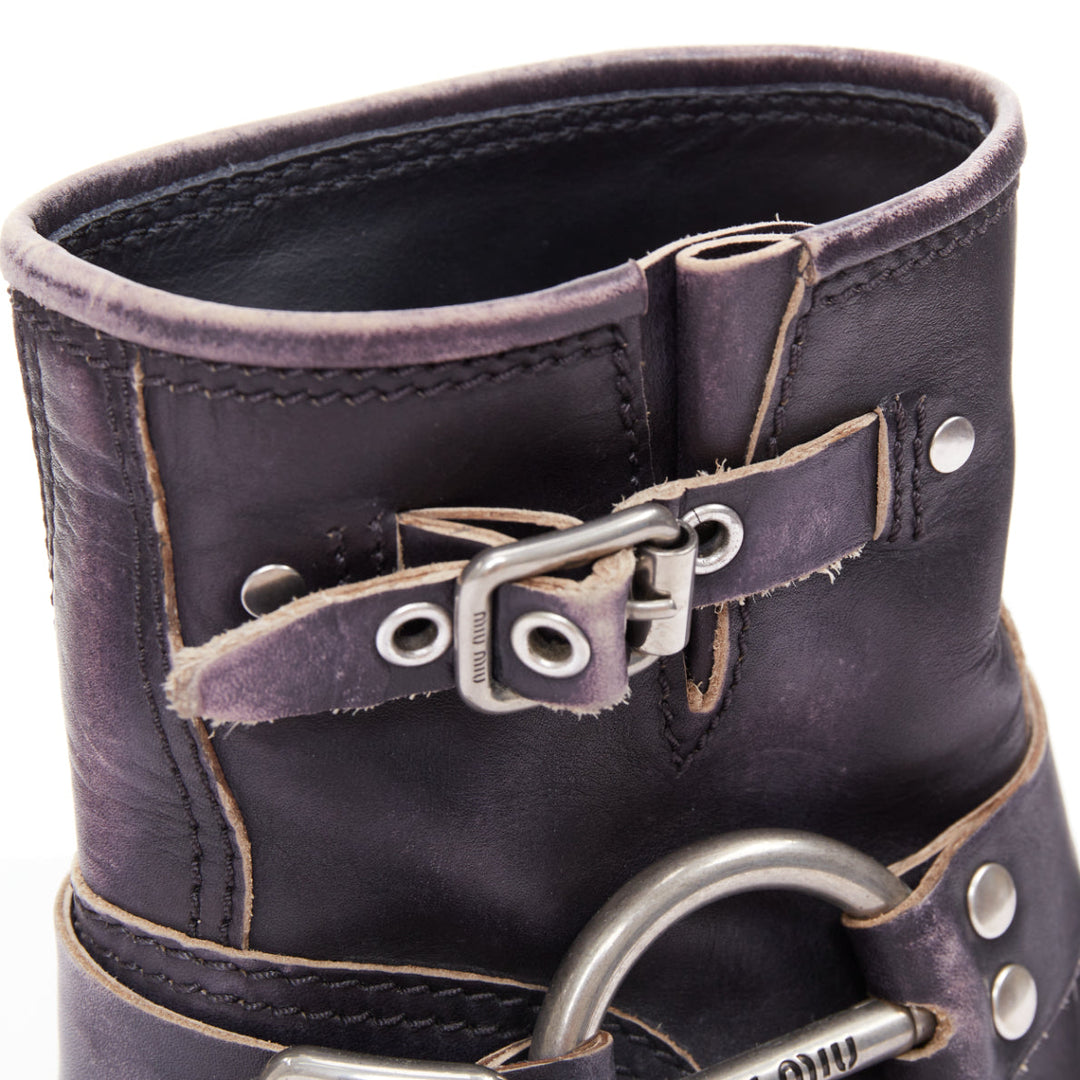 MIU MIU 2025 distressed washed black leather moto harness ankle boots EU36